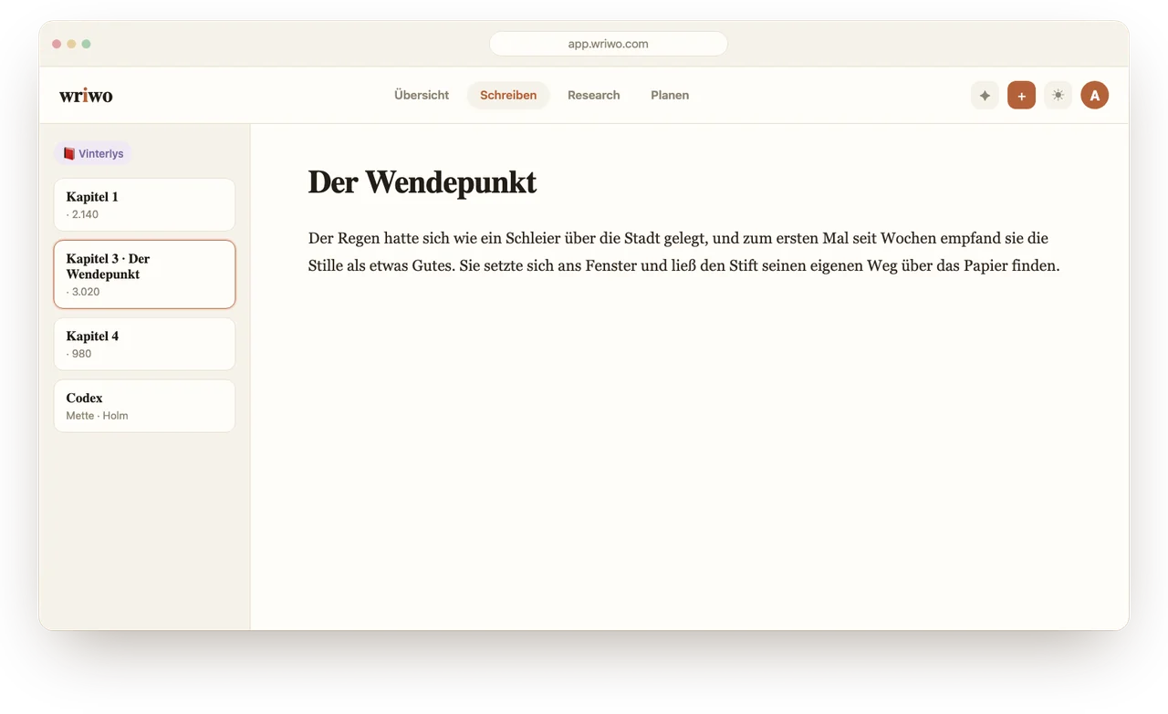 Wriwo – die Schreibfläche mit Kapiteln und Recherche griffbereit